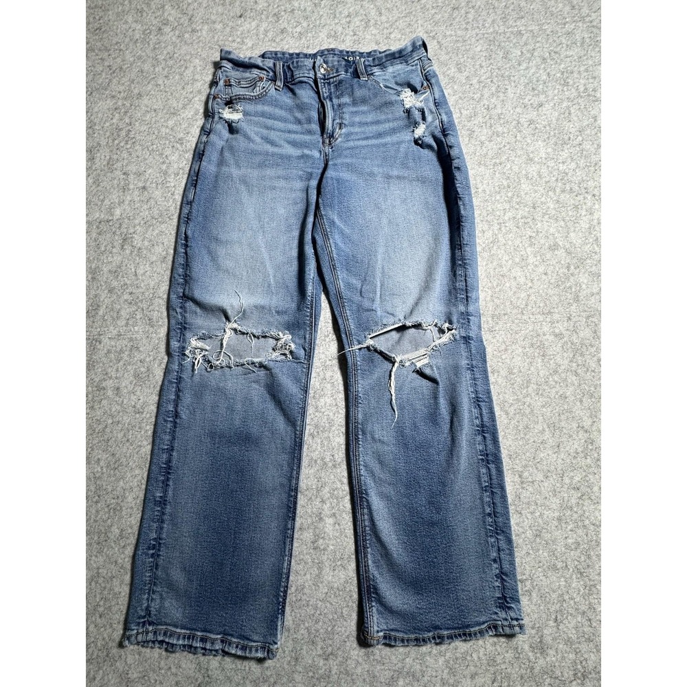 American Eagle Curvy Straight Jeans Womens 14 Blue High Rise Distressed Stretch